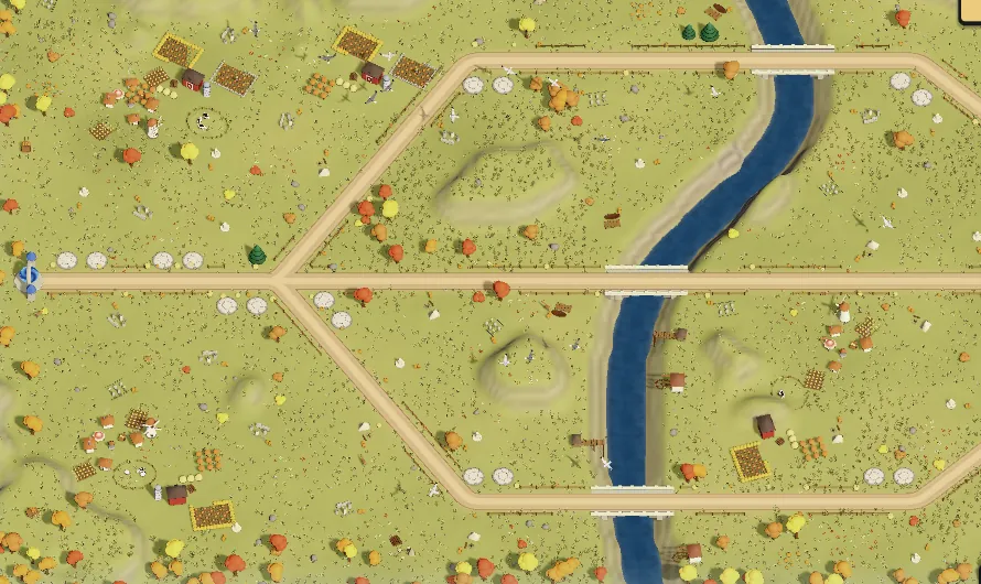 Rampart Rascals: an autumn map with winding roads, a river and tower pads