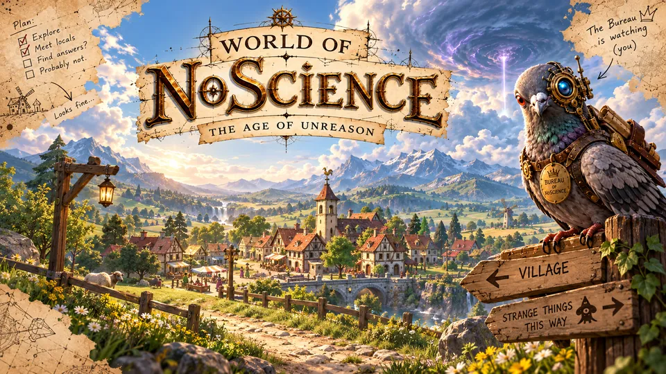 World of NoScience key art: a fantasy village in a valley, a pigeon in a tinfoil hat watching from a signpost