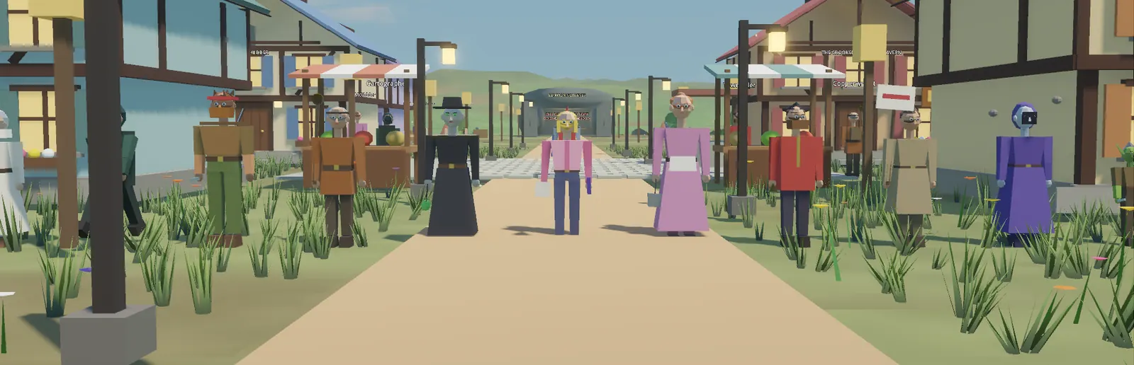 A line-up of townsfolk and heroes on a village road