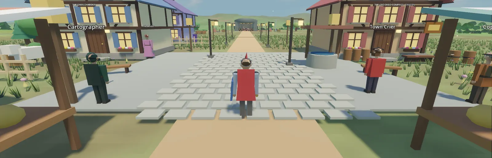 The Village of Common Nonsense: a cobbled square with market stalls and villagers